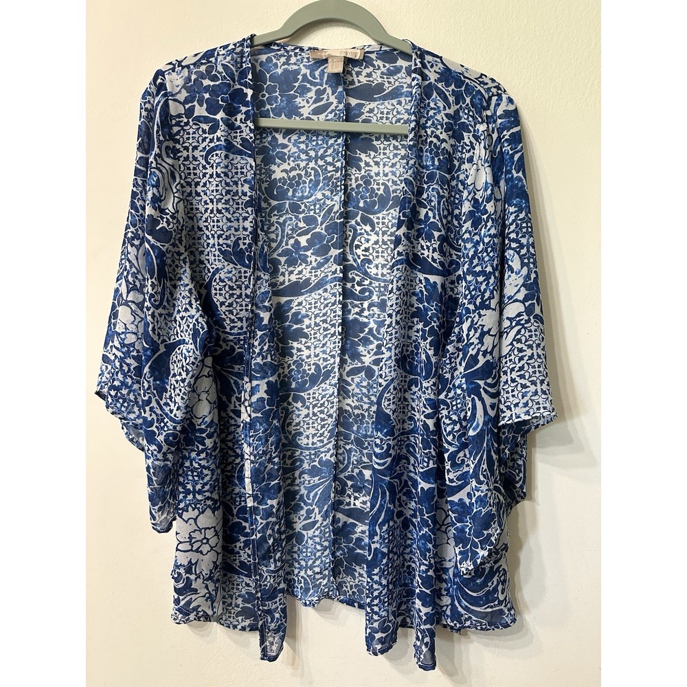 Forever 21 Blue Tile Damask Floral Sheer Kimono S Beach Cover Up Cardigan
